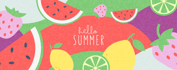 Hello Summer сolorful banner design. Horizontal poster, greeting card, website header, label or flyer. Modern abstract art design with fruits and berries, geometric shapes and wavy bold lines