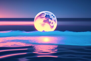 Naklejka na ściany i meble Light Blue Sunset on black background and Moon reflection in the water - generative ai