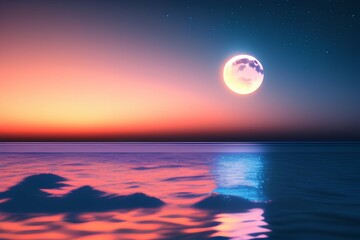 Obraz premium Light Blue Sunset on black background and Moon reflection in the water - generative ai
