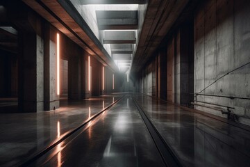 Highly detailed desolate concrete space, complete with illuminating stripes and reflections. Rendered in 3D. Generative AI