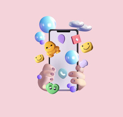 Fototapeta premium Innovative 3D concept for a virtual social networking platform. Mobile phone with volumetric icons, emojis, comments, hearts, thumbs-up. Concept communication applications. Vector Generative AI