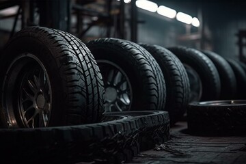 Naklejka na ściany i meble Tires sold in a shop. Generative AI