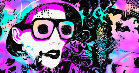 Fashion illustration modern art. Stylish Acid Girl and abtract geometry background.