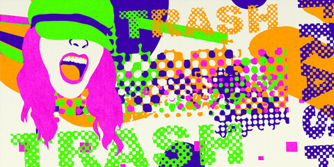 Fashion illustration modern art. Stylish Disco Girl and abtract geometry background. Text trash