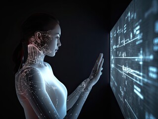 ai generative futuristic human touching illuminated screen, health technology