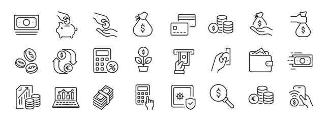 Money, finance thin line icons. Editable stroke. For website marketing design, logo, app, template, ui, etc. Vector illustration.