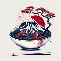 White Bowl with Noodles, Mount Fuji, Chopsticks, and Bonsai on White Background. Generative ai