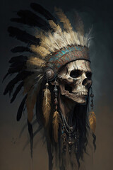 Indian skull with feathered headdress. Digital painting style. Generative ai.