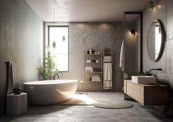 Naklejka na ściany i meble A very modern bathroom equipped with all the luxury equipment that a home needs in everyday life. AI generated illustration.