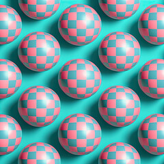 Obraz premium Checkered colorful spheres in pastel green and red pattern 3d background illustration