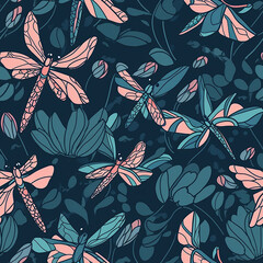 Pink dragonflies in blue garden mystical background wallpaper seamless