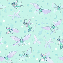 Mystical creatures kids wallpaper background seamless pattern in soft pastel colors