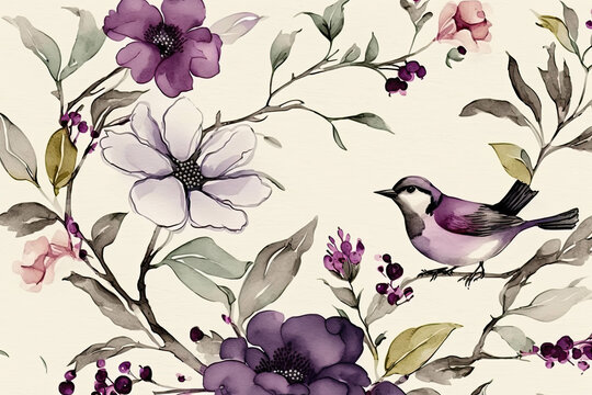 Bird in in the garden with flowers ink and watercolor artistic wallpaper