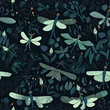 Fiarytale dragonfly and insects on black seamless background abstract