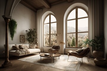 Stunning contemporary Spanish interior featuring an arched window and winter scenery. Generative AI