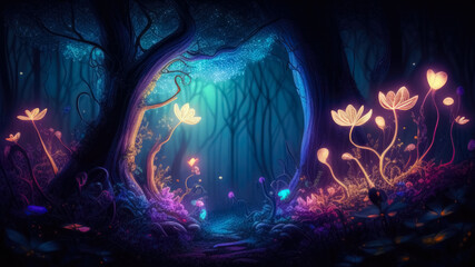 Fairy tale forest with illuminated glowing flowers at night. Generative AI