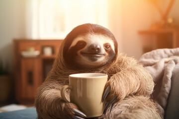Cute sloth relaxing and drinking hot tea in cozy living room on the sofa. Generative AI - 598635260