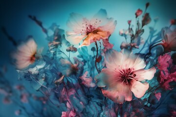 Fototapeta na wymiar Abstract floral art in shades of blue and pink, watercolor background. Ideal for prints, wall art, covers, and invitations. Generative AI