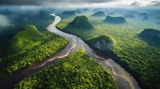 Aerial view of Rio Churun River flowing amidst Amazon rainforest. Venezuela. Generative AI