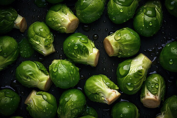 Naklejka premium Fresh tasty Brussel Sprouts in water drops on dark background. Pro studio shot. Digitally generated AI image