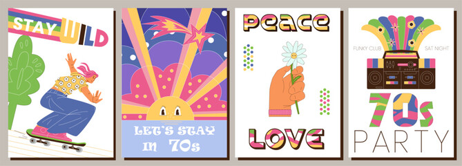 70s style posters with vector retro illustrations. Vintage prints and party invitation.