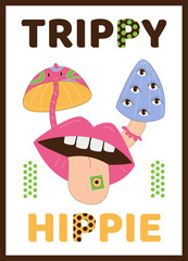 70s style poster with groovy retro vector illustration. Opened mouth with tongue outside with psychedelic on it and mushrooms with eyes.