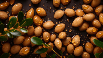 Argan seeds and oil background. Argana nuts and branches created with generative ai tools Generative AI