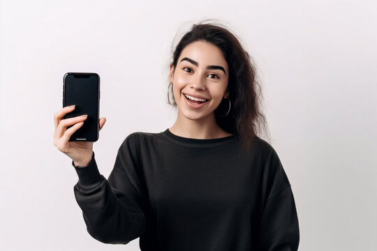 A young smiling girl is holding a mobile phone in her hand, isolated on a white background - ai generative
