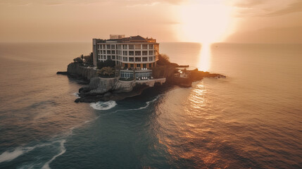 Obraz premium aerial view of a hotel on a beautiful island in the middle of the sea at sunset. Generative AI