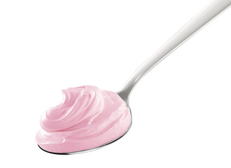 Strawberry Yogurt on spoon, isolated on white background
