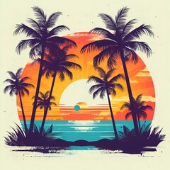 Fototapeta na wymiar Retro Sunset Beach Design with Palm Trees Logo. Generative ai