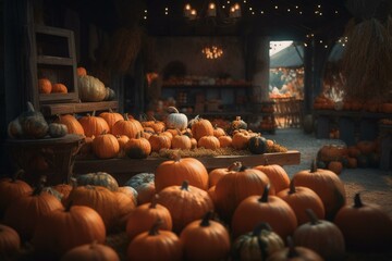 Marketplace filled with pumpkins. Generative AI