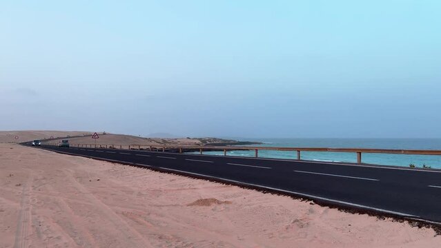 Calima dust storm on the Parque Natural de Corralejo sand dunes coast road Fv-1 Corralejo Fuerteventura 