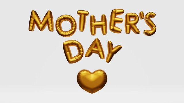 Happy Mother's Day greeting golden inflatable heart balloons 3D animation loop motion design 4K.Festive website footage shiny flying letters text sign rotating I love you mom footage template Best mum