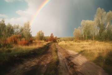 Field road under a colorful rainbow. Generative AI