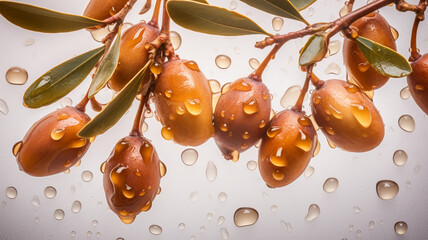 Argan seeds and oil background. Argana nuts and branches created with generative ai tools Generative AI