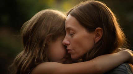 loving young adult female and a child sharing a heartfelt embrace, their arms wrapped around each other in a tight hug, their faces pressed against one another, mother and child, Generative AI