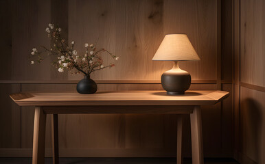 Japanese-Inspired Oak Table with Lamp and Flower Vase