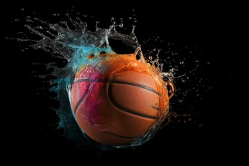 Fototapeta na wymiar Colorful basketball splash on black background with copy space. Generative AI