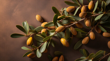 Argan seeds and oil background. Argana nuts and branches created with generative ai tools Generative AI