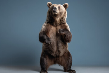 Powerful Majestic Bear Pose. Impressive picture of a big brown bear standing up on hind legs, isolated on a pastel blue background. Wildlife concept AI Generative