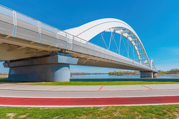 Zezelj bridge, a tied-arch bridge on Danube river in Novi Sad, Vojvodina, Serbia.