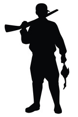 Hunter with gun silhouette vector on white, duck killer.