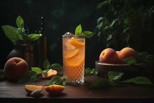 Peach lemonade garnished with fresh green leaves. Generative AI