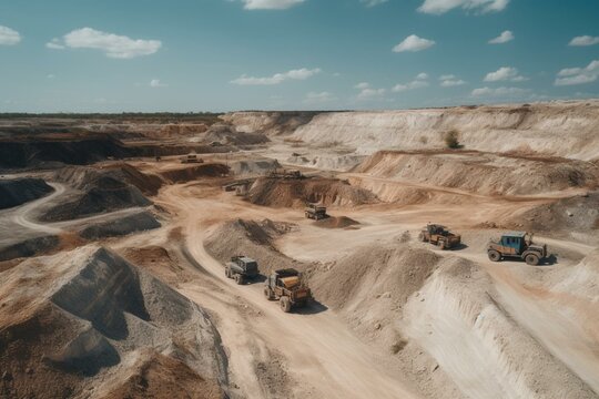 Aerial view of quarry with trucks and bucket wheel excavator under blue sky with clouds. Generative AI