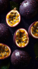 Fresh tasty passion fruits in water drops on dark background. Pro studio shot. Digitally generated AI image