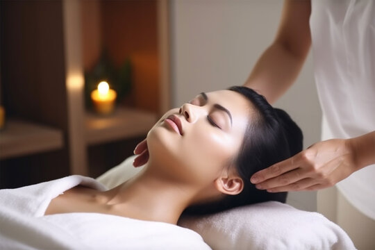  Hands of cosmetologist making manual relaxing rejuvenating facial massage for young woman in beauty salon. Rejuvenating facial massage in cosmetology. Generative AI Generative AI