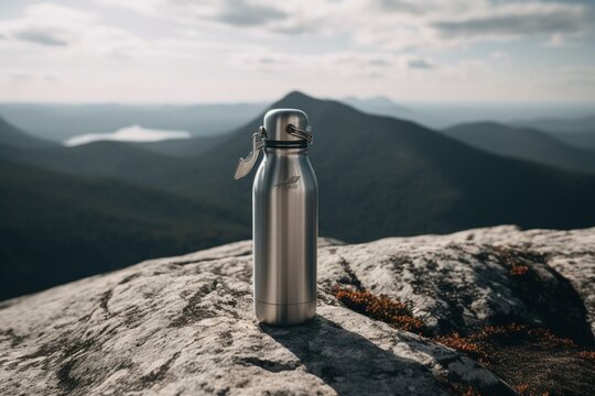 An aluminum hiking water bottle resting atop a mountain peak. Generative AI
