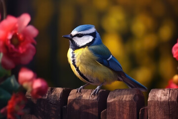 Bluetit_sitting_on_the_flower_fence_spring_background

