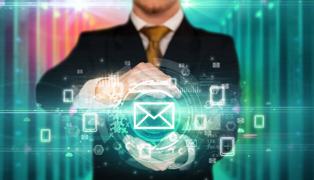 Businessman holding technology icon concept